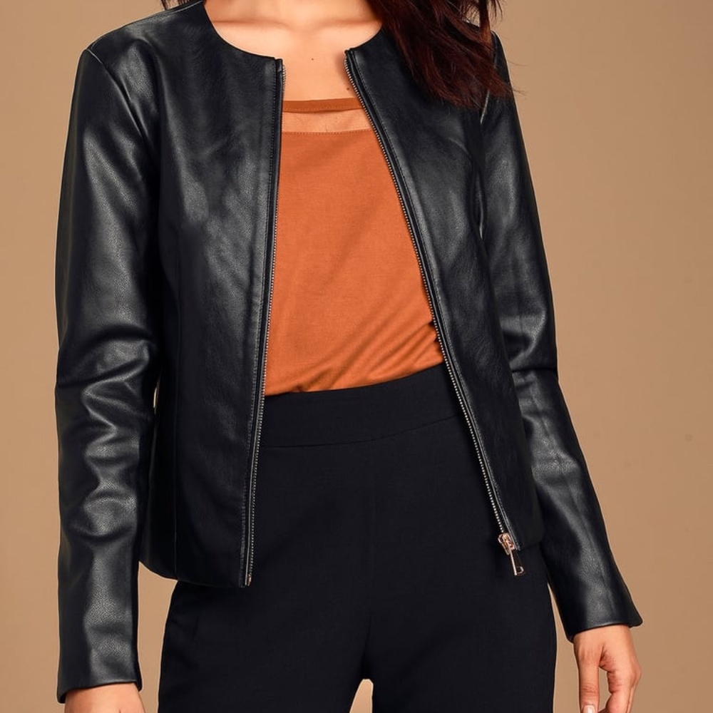 Lulu's Black Vegan Leather Jacket with Gold Zipper!